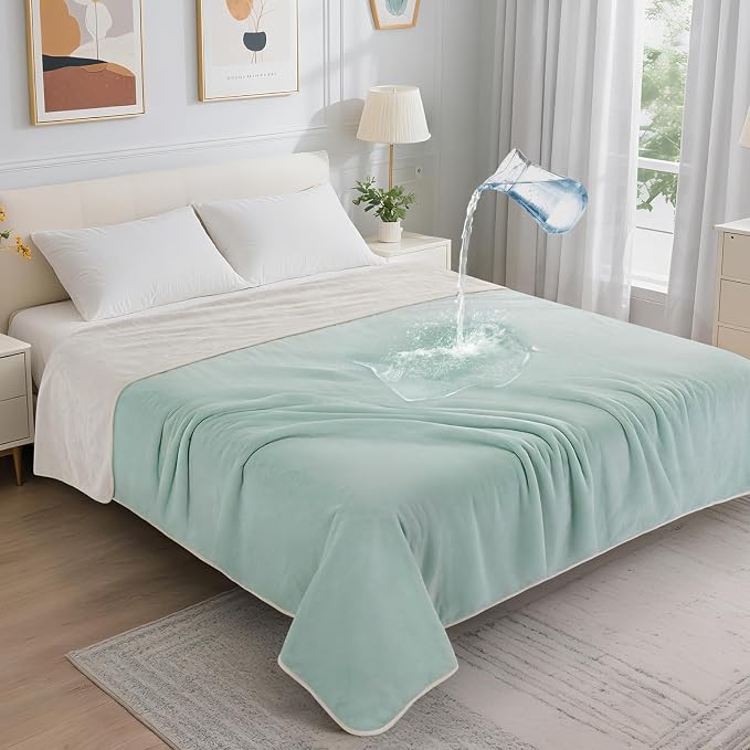 LOOBANI Waterproof Blanket for Bed, Soft Flannel Twin Bed Blanket 60" x 80" | Dog Pet Blankets for Large Dogs, Reversible Spill-Proof Throw for Couch Cover, Movie Time, Camping, Travel, Noise Free, Green