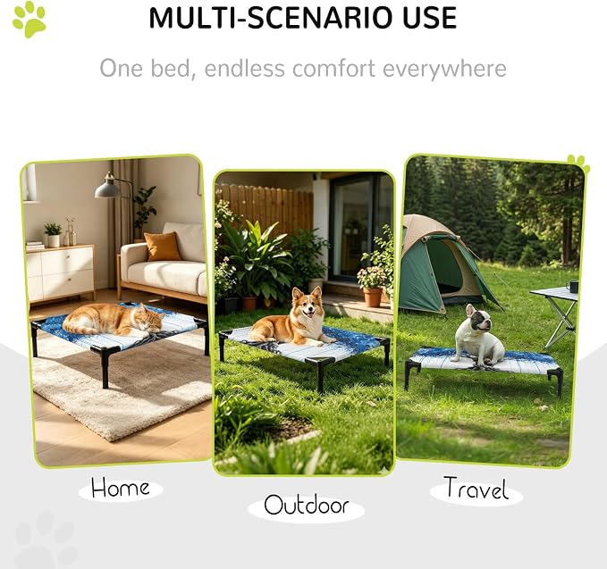 Outdoor Elevated Dog Bed for Small Dogs, Blue Trees Breathable Cooling Raised Dog Cot for Indoor/Outdoor, Boho Nature Branch Leaf Plants Landscape Waterproof Elevated Pet Beds, S 20 x 20 in