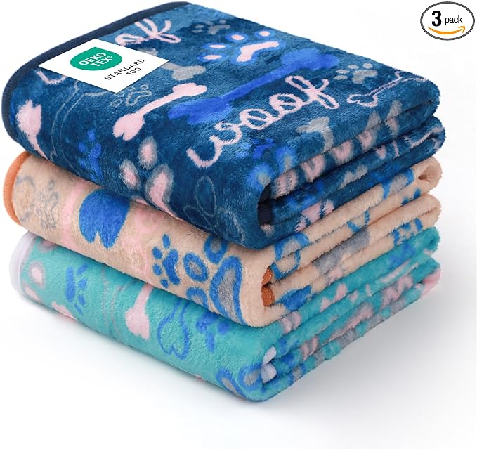 Luciphia 1 Pack 3 Blankets Fluffy Premium Fleece Pet Blanket Flannel Paw Bone Printed Throw for Dog Cat(Medium 30"x20", Khaki/Blue/Navy)