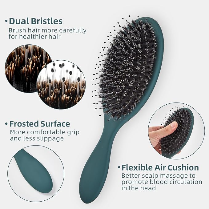 Boar Bristles Hair Brush for Women and Men, Detangling Hair Brush for Smoothing Massage Add Shine, Nylon&Boar Bristles Detangler brush for Hair Healthy (1 Pack-Green)