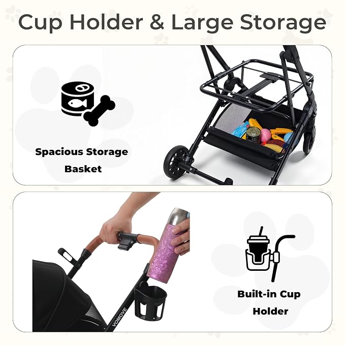 Pet Stroller for Cats and Small Dogs, Cat Strollers for 2 Cats with Detachable Carrier, Safety Leashes, Ventilated, Foldable,Pet Car Seat, All-Terrain Wheels, Storage Basket & Cup Holder, Black