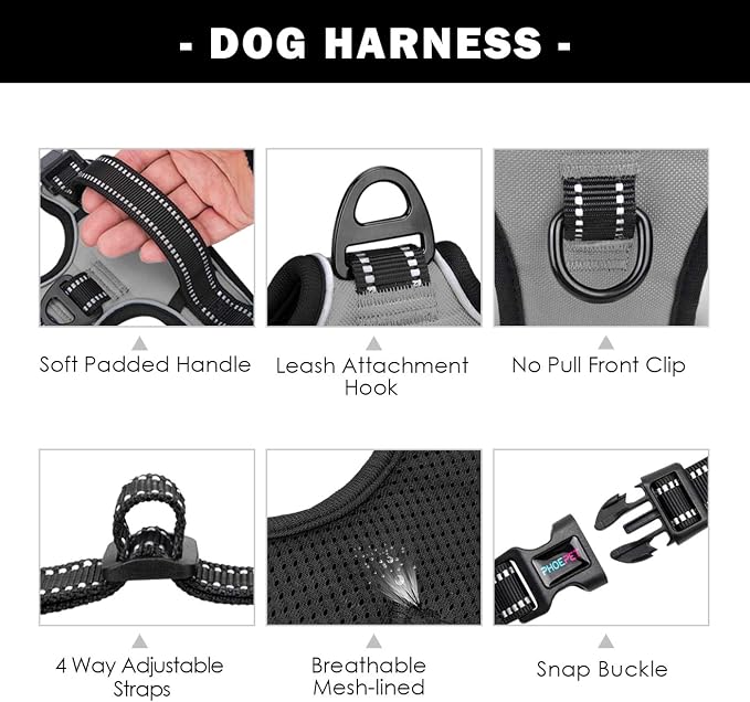 No Pull Dog Harness Medium Reflective Front Clip Vest with Handle | Adjustable 2 Metal Rings 3 Buckles,[Easy to Put on & Take Off](XS, Grey)