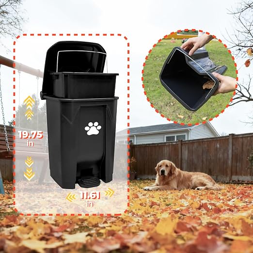 20L Dog Poop Trash Can Outside, Dog Waste Container with Pooper Scooper | Foot-pedal lid, removable inner bucket, metal rake, shovel & dustpan, bone bag dispenser with 5 waste bag rolls for yard.