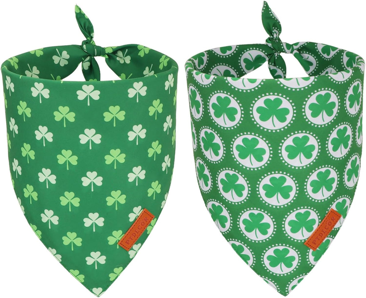 PTDECOR St.Patrick's Day Dog Bandana,Green Shamrock Reversible Holiday Dog Scarf, Multi Size, Triangle Irish Bandanas for Medium Large Pets (Large)