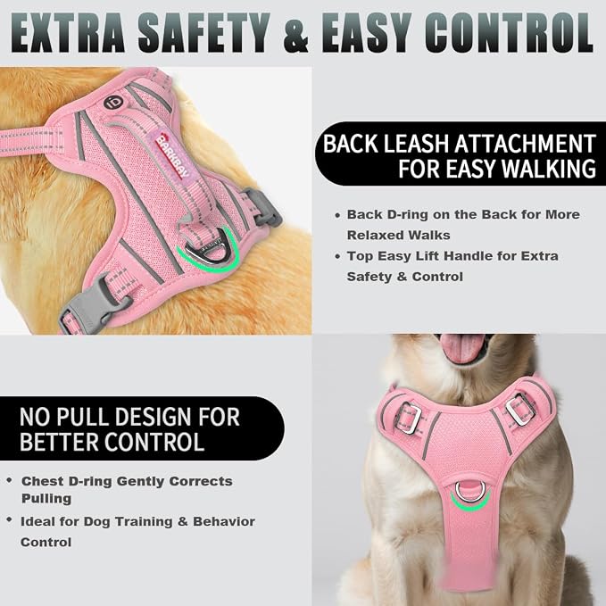 BARKBAY No Pull Dog Harness Large Reflective Dog Harness with Front Clip and Easy Control Handle for Walking Training Running with ID tag Pocket(Baby Pink,M)