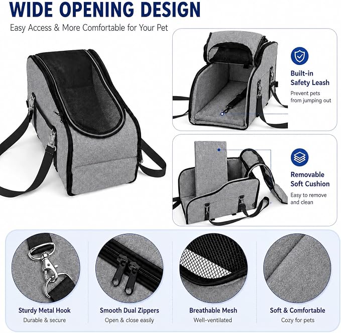 Dog Car Seat for Small Dogs & Cats, Center Console Pet Carrier with Foldable Top Window, Non-Slip Safety Straps, Portable Travel Backpack
