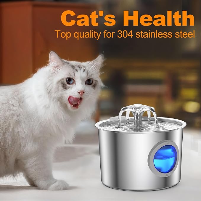 Cat Water Fountain Advanced 304 Stainless Steel 2.2L/74oz with 3-Pack Replaceable Filters, Detachable Tank, Easy to Clean, Automatic Pet Fountain Quiet Cats Water Dispenser, Dogs