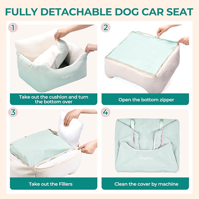 BurgeonNest Dog Car Seat for Small Dogs, Detachable and Washable Cat Carseats Under 25 lbs, Soft Pet Booster Seats with Storage Pockets and Clip-On Leash Portable Car Travel Carrier Bed, Beige Green