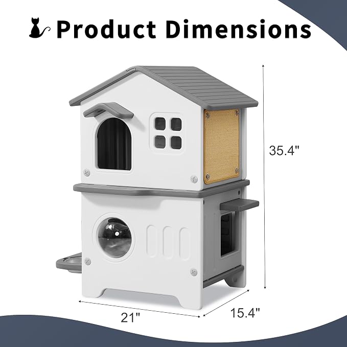 Rockever 2-Story Outdoor Cat House, Waterproof Cat House for Outdoor Cats | With Escape Door, Elevated Outside Cat House with Cat Bowls & Scratch Pads, Clean Easily(Grey)