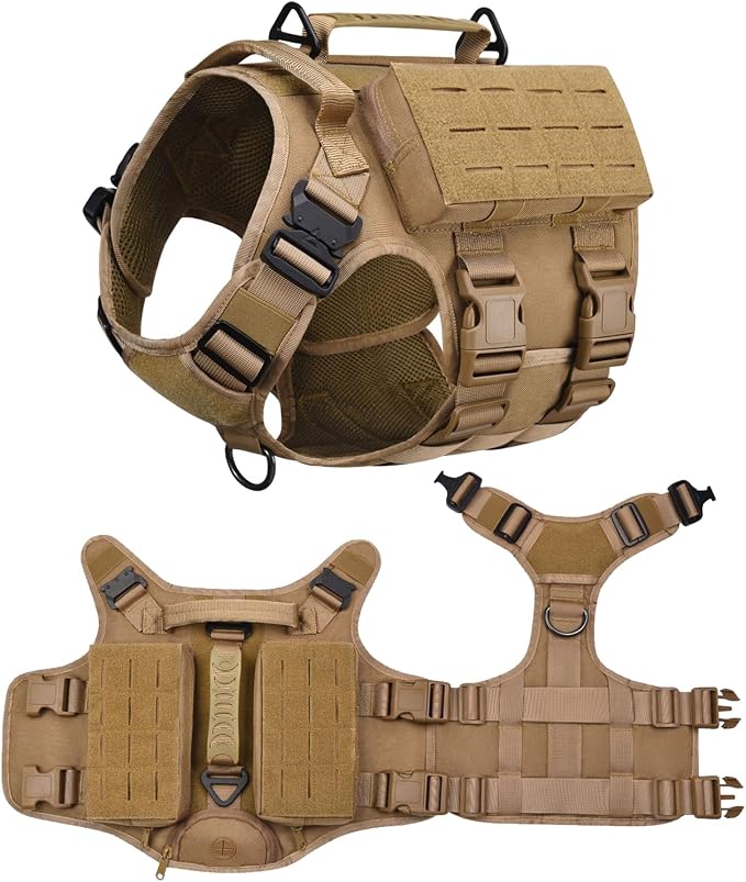AIWAI Tactical Dog Harness with Handle for Large Dogs,2X Metal Buckle, Dog MOLLE Vest with Pockets,No Pull Adjustable Pet Harness, Easy Control Dog Vest Harness for Working Training (Khaki, XL)