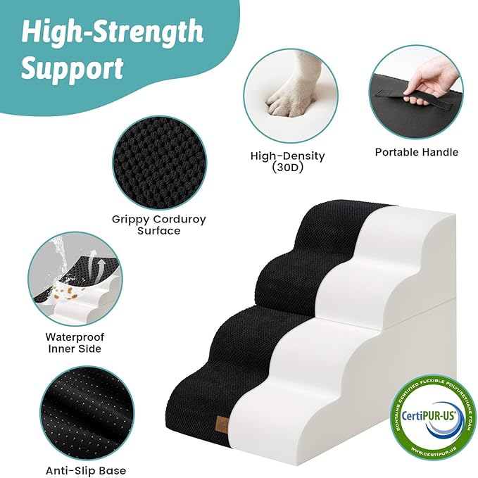 Detachable Curved Dog Stairs 19.7" H, 4 Step Small Dog Step for Puppy or Older Cat, Ramp for Bed, Sofa, Couch or Chair, Ladder with High Density Foam, 15.7x28.3x19.7 inch, Black