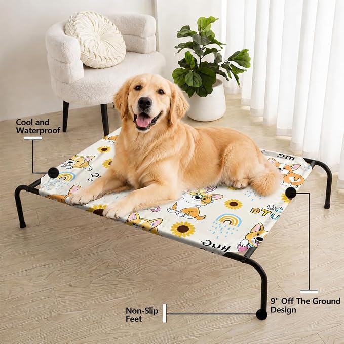 Kawaii Corgi Sunflower Orthopedic Elevated Dog Pet Bed(47"X31"X9"),with Metal Frame,Printing Breathable Waterproof Dog Kennel,Sleeping Bed for Small Medium Large Dogs Cats,for Home,Outdoor Use