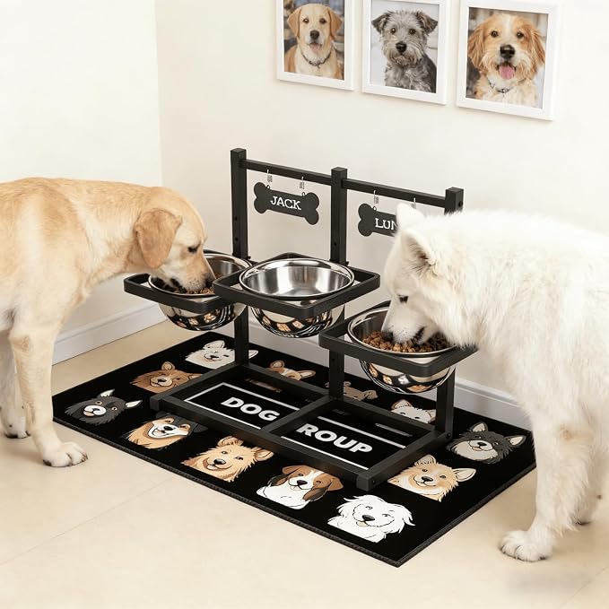 SHAINFUN Elevated Dog Bowls for Medium/Large Dogs with Mat, 6 Height Adjustable Raised Dog Bowls, Three Large 58oz Food Water Stainless Steel Bowls