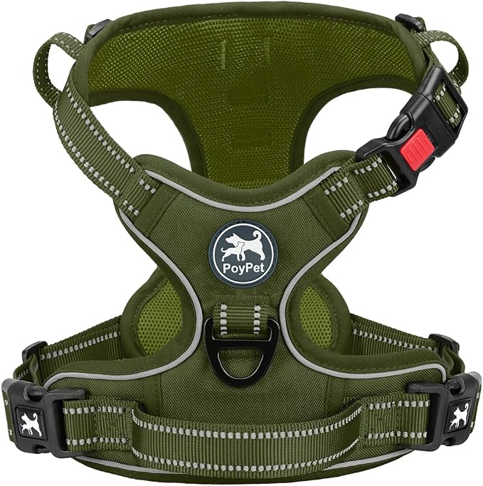PoyPet No Pull Dog Harness, Reflective Vest with 2 Leash Clips & Handle | Lockable Neck Release Buckle, No Choke, Adjustable, Soft Padded, for Walking Training, Military Green, X-Large