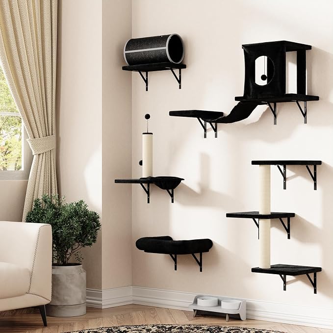 12-in-1 Cat Wall Shelves, Modern Wall-Mounted Cat Furniture, Wooden Climber Includes House, Bridge, Tree, Steps, and Scratcher, Space-Saving Cat Climbing Wall Systems, Black