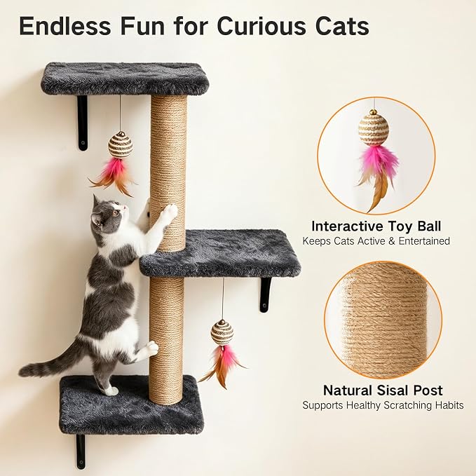 5-in-1 Cat Wall Shelves for Indoor Cats, Wall Mounted Cat Furniture Set with Bed, Perch, Hideaway Condo, Scratching Post & Scratcher, Cat Climbing Wall Playground, Space Saving Design, Black