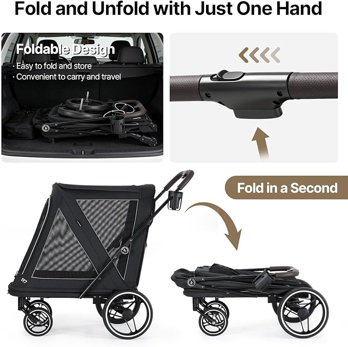 Beberoad Pet Stroller for Medium Dogs, Dog Stroller One-Second Fold, R7 All-Terrain with ER Tires, Mesh Dual-Window, Full Disassembly&Washable Waterproof Oxford Fiber