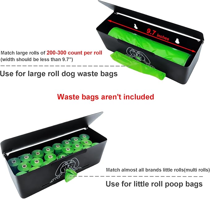 Poop Bag Holder Wall Mount Dog Poop Bag Dispenser with Hooks 200/300 Single Large Roll Pet Waste Station Bags Dispenser Indoor, Metal, Black