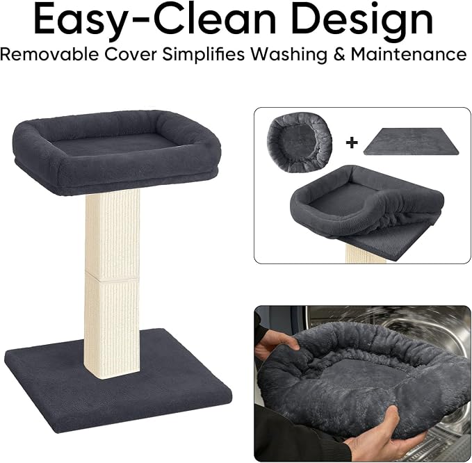 Cat Scratching Post, 32”Cat Scratcher with Large Plush Perch, Sisal & Carpet Scratching Post, Vertical Posts with Elevated Bed for Indoor Cats, Removable& Washable Cover, Dark Grey