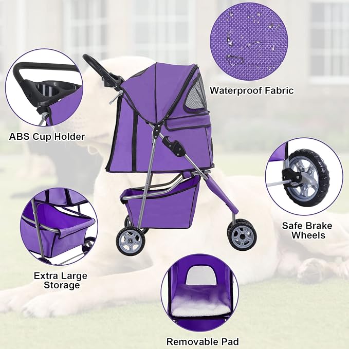 BestPet 3 Wheels Pet Stroller Dog Cat Cage Jogger Stroller Waterproof Puppy Travel Folding Carrier with Cup Holder,Purple