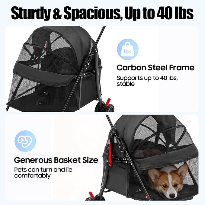 Pet Stroller for Small Medium Dogs Cats, Lightweight Foldable Pet Wagon with 360° Front Wheels & Brake, 40 lbs Capacity Carrier for Park Travel Shopping, Breathable Mesh Basket (Black)