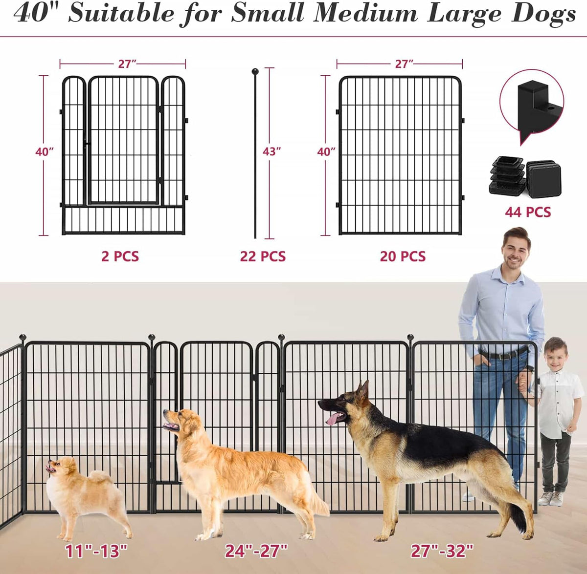 Dog Playpen 40 inch 22 Panels Indoor Outdoor Dog Pen for Large/Medium/Small Dogs Heavy Duty Metal Dog Fence Outdoor for Yard, Puppy Playpen with Door Portable Pet Fence for RV Camping Yard