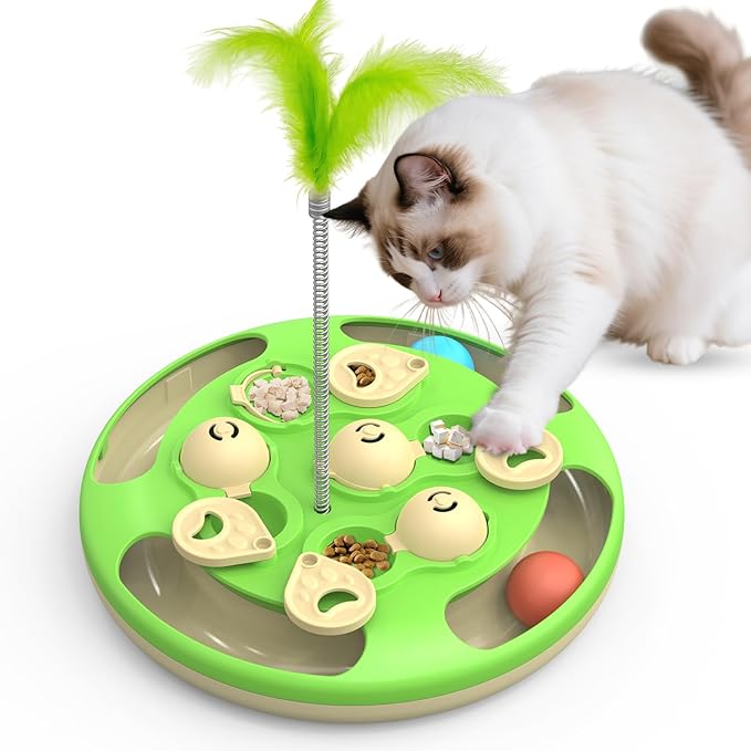 Cat Puzzle Feeder, 3 in 1 Interactive Cat Treat Puzzle Toy with Track Balls, Feather Teaser & Slow Feeder Insert, Non-Slip Base, Level 3 Mental Stimulation Enrichment Toy for Bored Indoor Cats