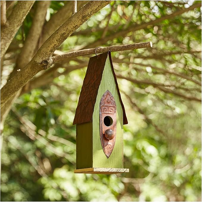 Glitzhome Bird Houses for Outside, 13.25" H Distressed Green Solid Wood Bird House Pet Cottage Hand Painted Hanging Bird House for Outdoors