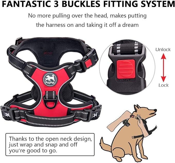 PoyPet No Pull Dog Harness Large with Front Clip & Neck Release Buckle | No Choke, Adjustable Vest, Reflective, Back Clip, Lockable, Soft Padded, Easy Control Handle for Walking Training, XL, Red