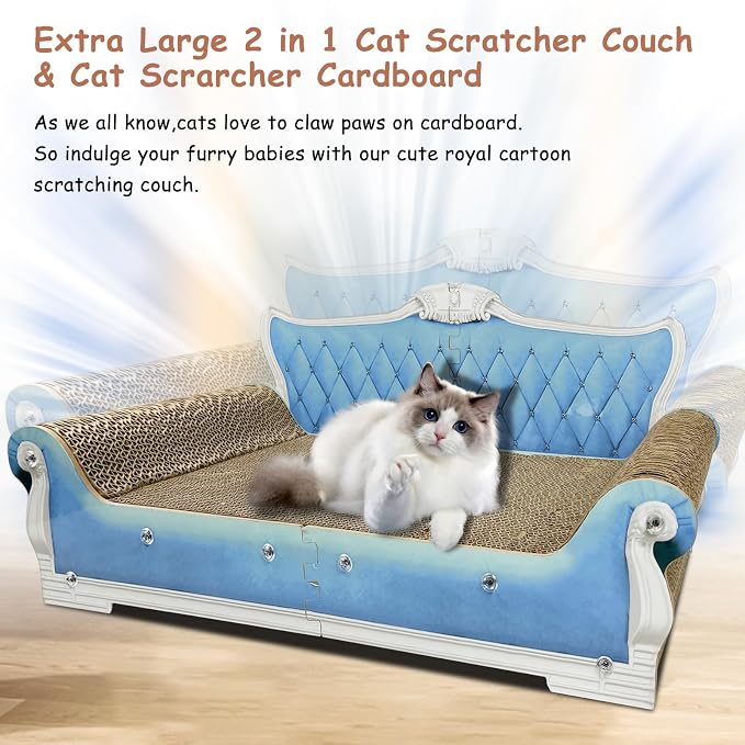 Luxury Cardboard Cat Scratcher Sofa Bed, Couch Shaped Scratching Board, Scratch Lounge with Catnip, Cat Scratcher for Indoor Cats Large Blue 25.4“x12