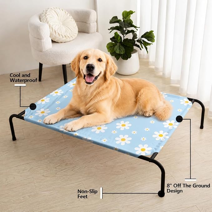 Blue Daisy Pattern Orthopedic Elevated Dog Pet Bed(35"X25"X8"),with Metal Frame,Printing Breathable Waterproof Dog Kennel,Sleeping Bed Set for Small Medium Large Dogs Cats,for Home,Outdoor Use