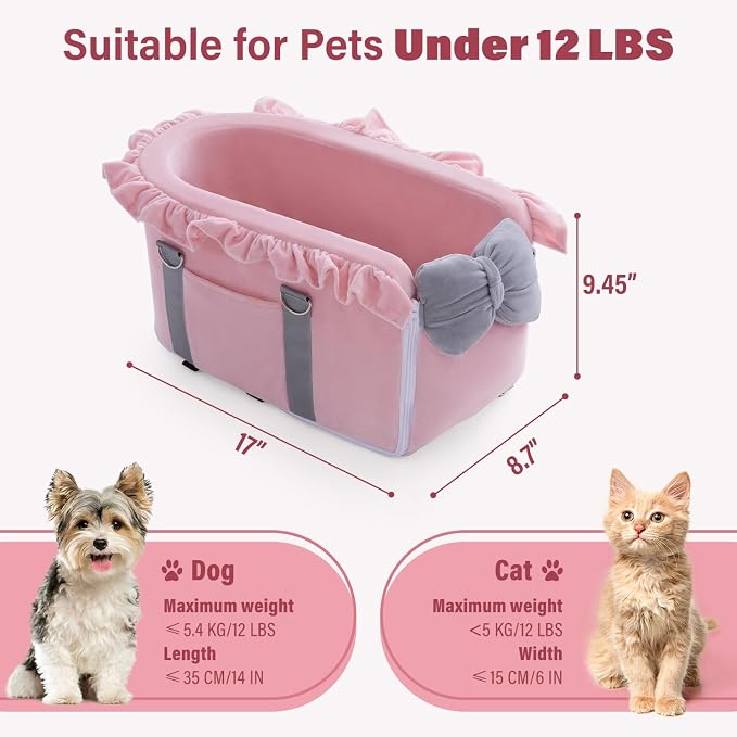 Jaoul Dog Car Seat for Small Dogs - Fully Detachable with Adjustable Straps Center Console Dog Car Seat - Comfortable Bow Design Pet Seats - Portable Pet Booster for Puppy, Cat (Pink Gray)