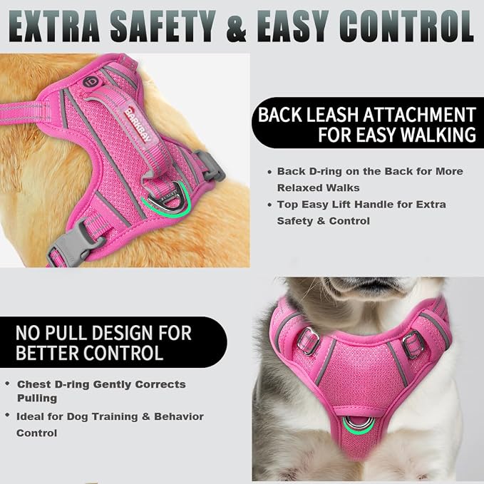 BARKBAY No Pull Dog Harness Large Reflective Dog Harness with Front Clip and Easy Control Handle for Walking Training Running with ID tag Pocket(Pink,XS)