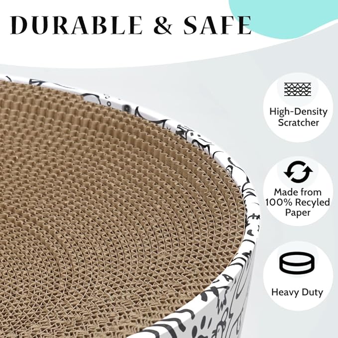 Cat Scratcher Cardboard, 2in1 Oval Cat Scratcher Bed for Indoor Cats Cat, Scratch Pad Bowl with Scratching Toy, Cozy Oval Cat Scratch Bed Furniture for Kittens & Medium Size Cats(White)