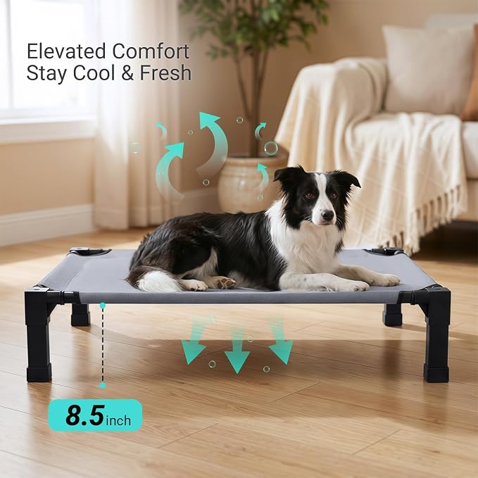Elevated Outdoor Dog Bed, Raised Dog Bed with Steel Framed 42in | Cooling Elevated Pet Cot with Non-Slip Feet, and Waterproof, Washable, Breathable Teslin Mesh