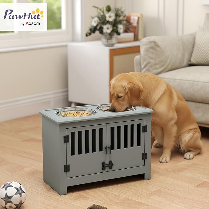 PawHut Large Elevated Dog Bowls with Storage Cabinet, 37L Gray | Raised Dog Bowl Stand Pet Food Bowl Dog Feeding Station