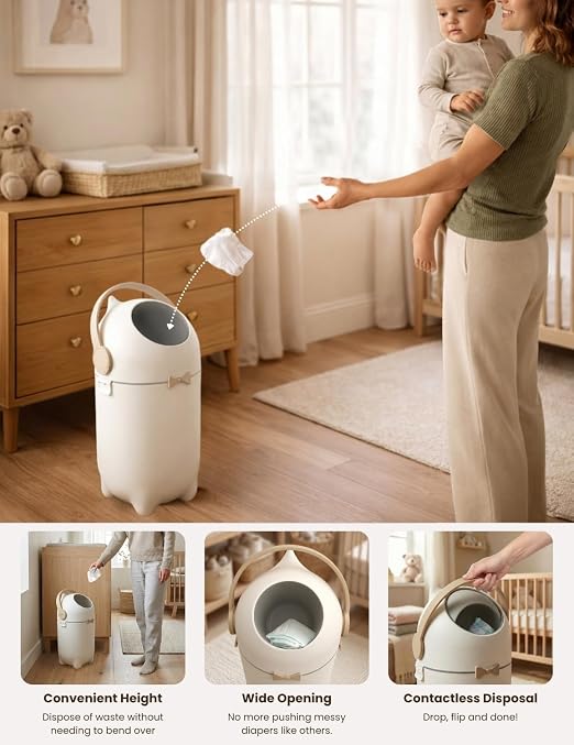 iTouchless 4 Gal Nursery Bin | Odor-Locking Diaper Pail Bin | Boho Ivory | Rotating Ball Seal Traps Smells | Soft Neutral Accent Color | Fits Any Standard Trash Bag | Flip-Up Handle Opens One-Handed
