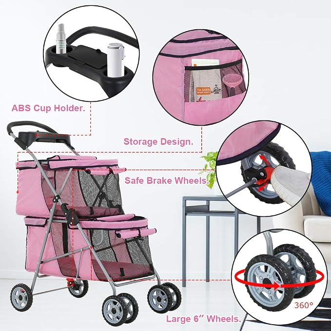 Dog Stroller Cat Pet Carriers for Small Medium Dogs Cats Travel Camping 4 Wheels Lightweight Folding Crate Stroller with Soft Pad (Pink)