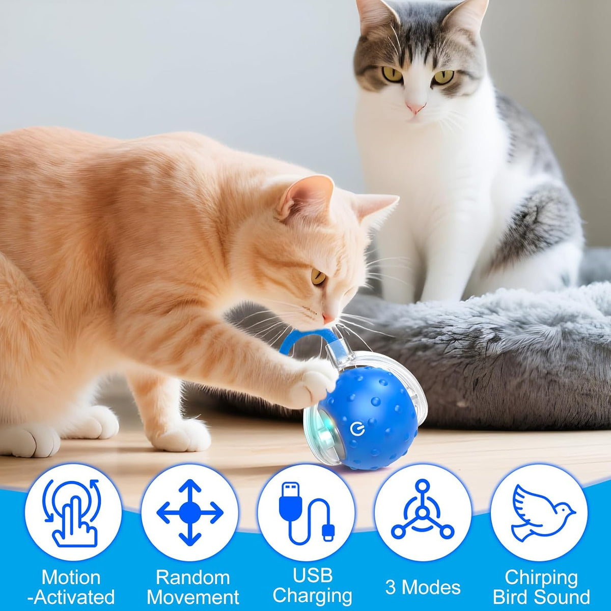 Tiny Fetch Dog Toy, Tinyfetch Interactive Dog Cat Toys Balls with Birdsong, 360° Smart Automatic Rolling Dog Ball Toy with Rope for Pets Indoor & Outdoor Play (Blue)