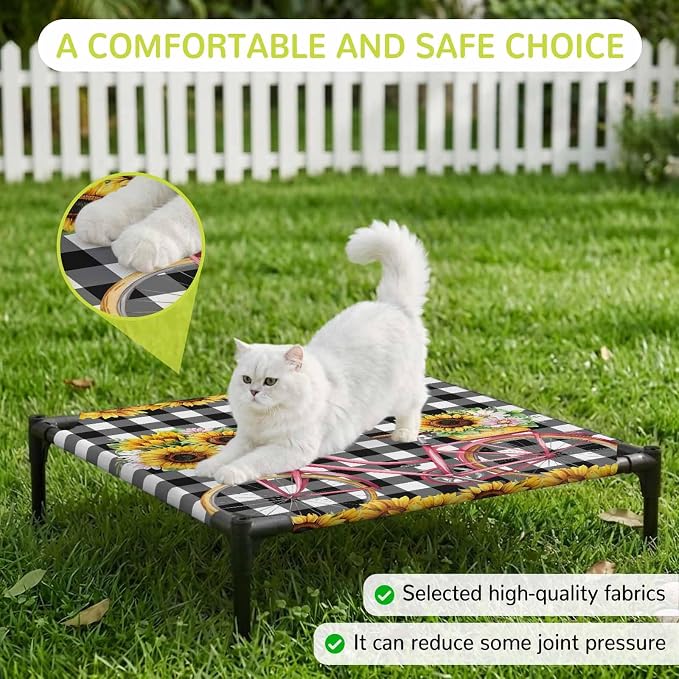 Outdoor Elevated Dog Bed for Small Dogs, Sunflowers Bicycle Breathable Cooling Raised Dog Cot for Indoor/Outdoor, Summer Budding Botanical Floral Lattice Waterproof Elevated Pet Beds, S 20 x 20 in