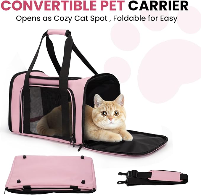 Soft-Sided Cat Carrier Expandable Pet Carrier Airline Approved Mesh Travel Carrier Up to 15lbs for Cats Small Dogs Collapsible Escape-Proof with Shoulder Strap Washable (18x11x11 Pink)