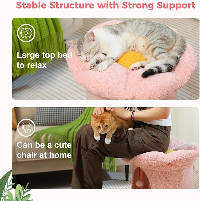 PETEPELA Cat Beds for Indoor Cats, Small Cute Cat Tree House with Removable Flower Cat Bed, Cat Hideaway, Indoor Cat House Condo, Cat Accessories, 20X20X16 Inches, Pink