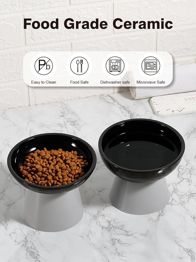 LoeJan Elevated Cat Food and Water Bowls Set, Extra Wide and Raised Ceramic Feeder, Anti-Vomit Whisker-Free Pressure Feeding Bowl for Kittens Adult Small Dogs (Black, Food Bowl)