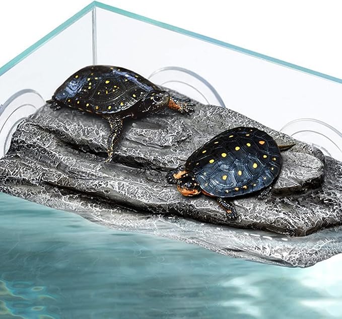 Turtle Basking Platform with 3 Suction Cups,for Frogs,Tortoise,Grey | 8.66" Floating Resting Terrace, |Adjustable Level | Natural Rock Texture, Anti-Skid | for Fish Tank, Aquarium, Terrarium