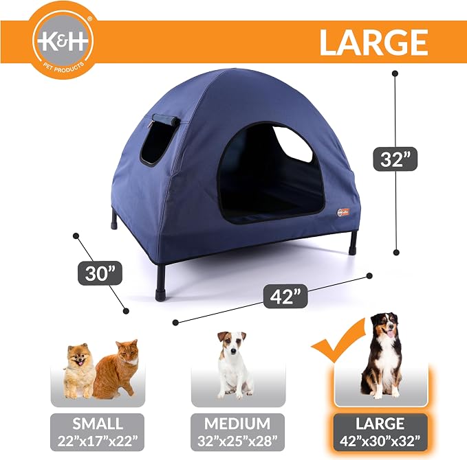 K&H Elevated Dog Bed, Outdoor Pet Cot House for Large Pets - 42x30in Blue | Outdoor Raised Dog Bed House, Enclosed Canopy, Window Flaps for Air Flow, Washable Cover, Raised Metal Frame, Collapsible