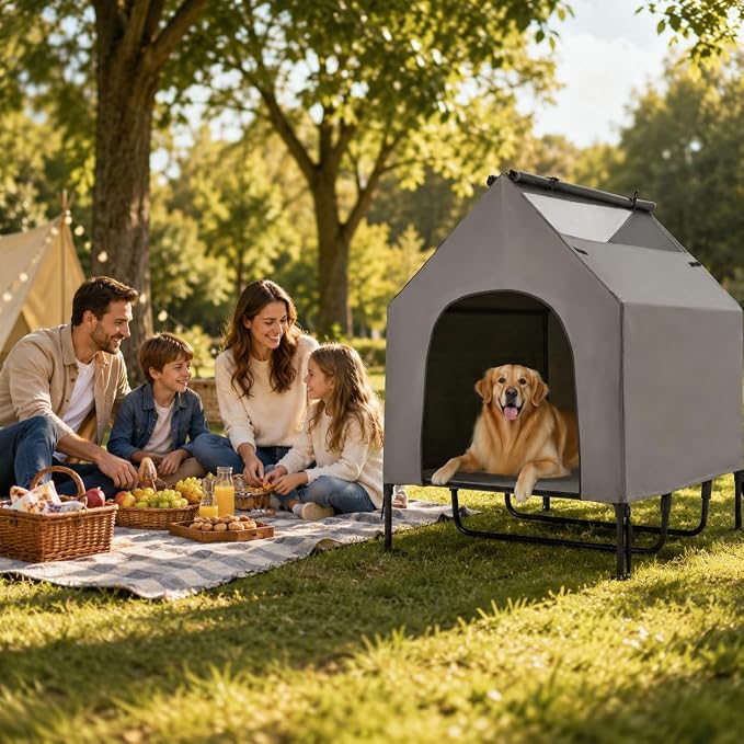 Erinnyees 48" Large Dog House Outdoor for Large Dogs, 2-in-1 Waterproof Dog House & Elevated Dog Bed with Removable Canopy, Breathable Mesh Windows, Steel Frame Dog Tent for Patio Backyard Camping