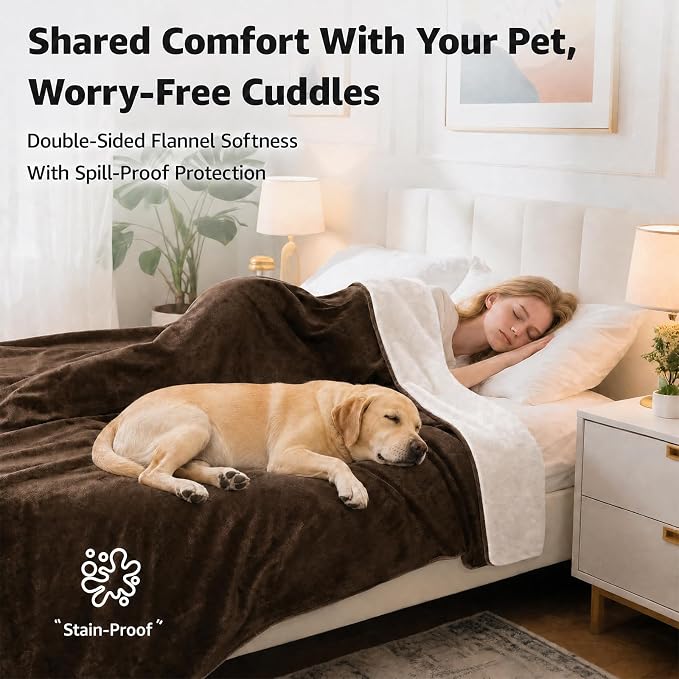 LOOBANI Waterproof Flannel Blanket for Bed, Twin Size 60"x80", Coffee | Double-Side Leak-Proof, Reversible, Stain-Proof Sofa Cover for Rest Movie Time, Furniture Protection, Medium Large Dogs