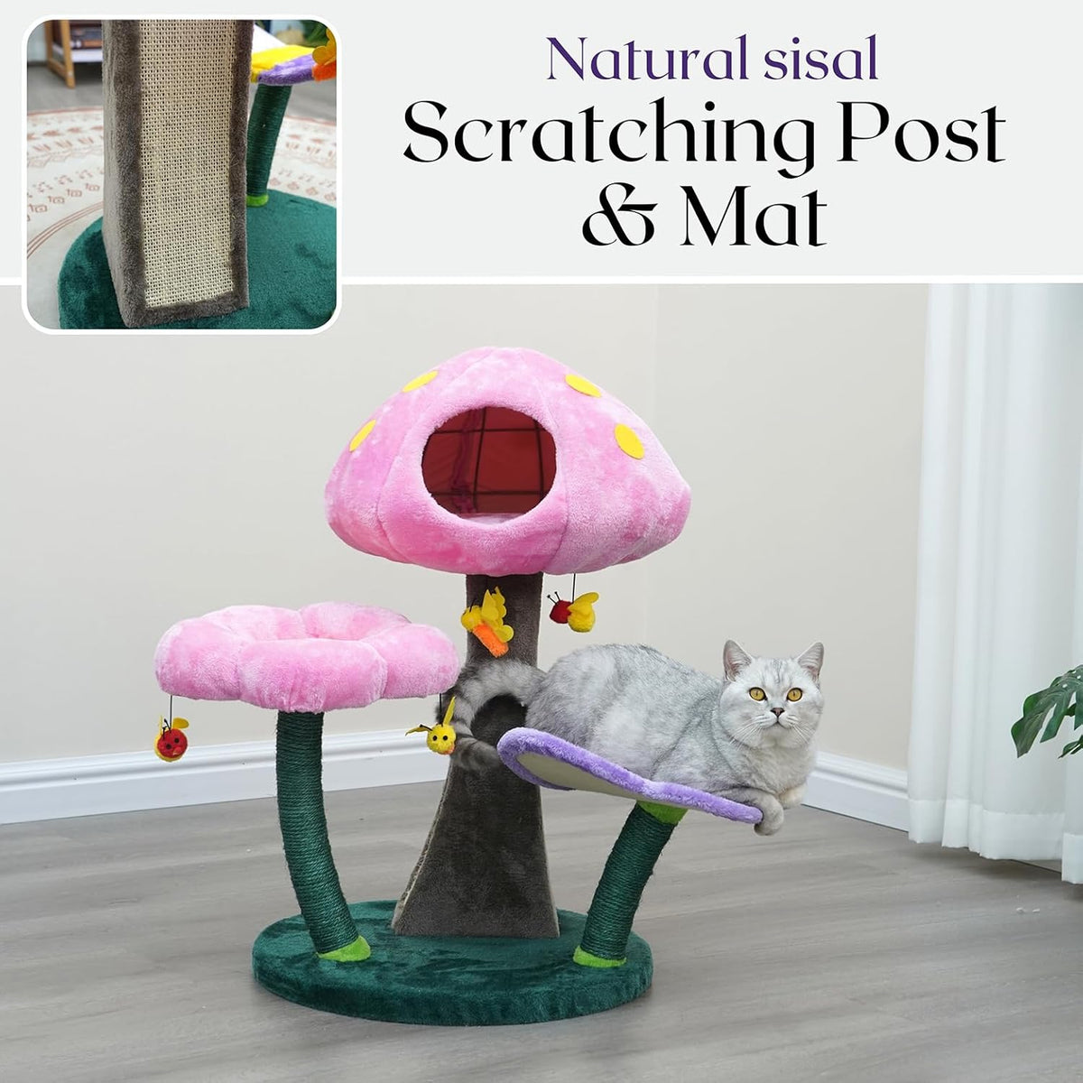 Catry® Wonderland 3-Level 31" Cat Tree with Mushroom Condo, Flower Perch, Sisal Scratching Pad, Parts Replaceable, Garden Style with Bee Toys. Multi- Color