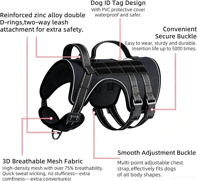 Tactical Dog Harness Adjustable Reflective No Pull Dog Harness, L | 2 Control Handles, Hook and Loop Panel for ID Patch, Pet ID Tag, Breathable Mesh Padding, Heavy Duty Dog Harness, Training