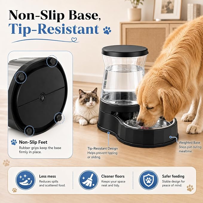 Automatic Dog Feeder and Water Dispenser with Stainless Steel Bowl, Dog Gravity Food Feeder and Waterer for Large Medium Pets 2.1 Gallon x 2